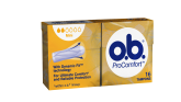 Bild på en förpackning av o.b. Original Mini. Produkten har 2 bloddroppar och indikerar att den passar bra för små mensblödningar.