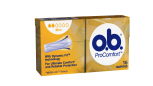 Bild på en förpackning av o.b. Original Mini. Produkten har 2 bloddroppar och indikerar att den passar bra för små mensblödningar.